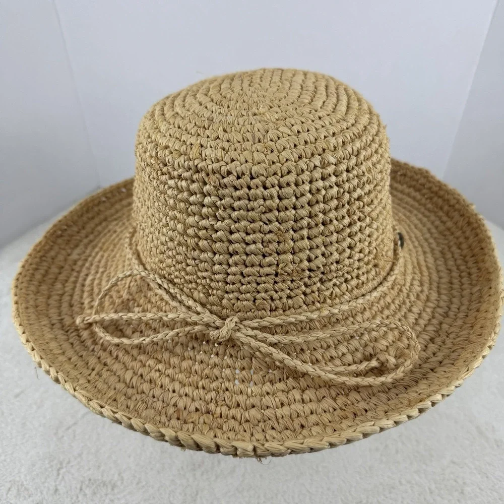 Scala Crocheted Twisted Raffia Straw Boater Hat with Drawstring One Size Natural